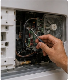 Technician completing the refrigerator repair