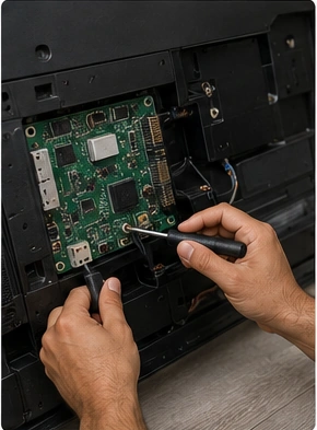 Technician completing the tv repair