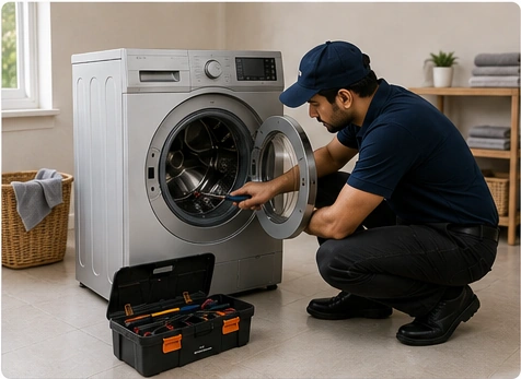 Technician repairing a washing machine