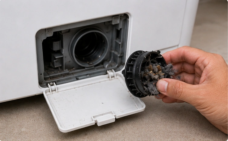 Drain pump filter clogged — LG front-loaders have an accessible filter at the base; this is one of the most common LG-specific service calls