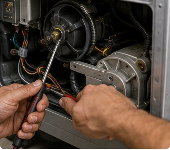 Technician completing the washing machine repair