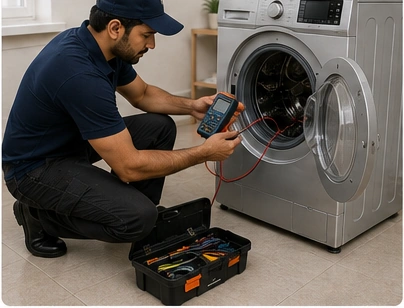 Technician inspecting the washing machine